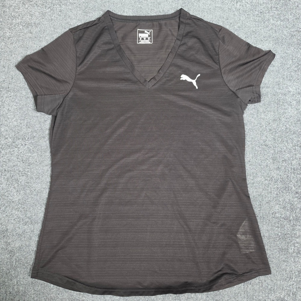 Puma Womens V-Neck Athletic T-Shirt Black Heathered Short Sleeve XL 844554-01